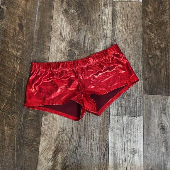 Vintage Pants - Y2K Red Metallic Booty Mirco Shorts Low Rise Size Large Rave Club 2000s